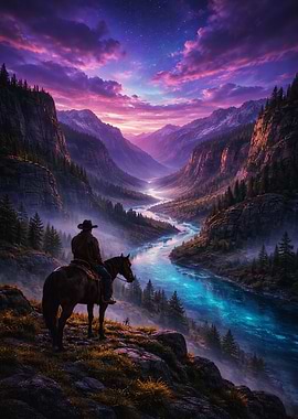 Cowboy at sunset over canyon