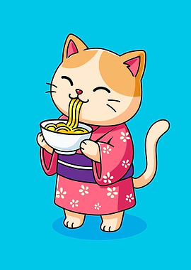 Cute Cat Eating Ramen Noodles