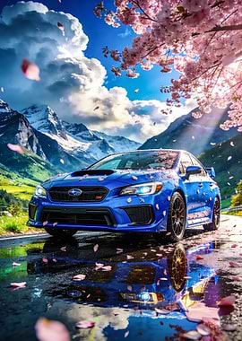 Blue Subaru WRX with Cherry Blossoms