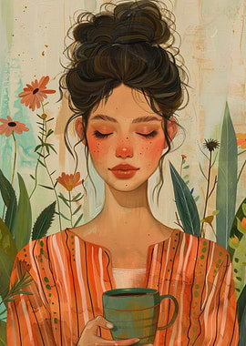 Woman with Coffee and Flowers