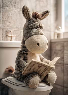 Plush Donkey Reading a Book on Toilet
