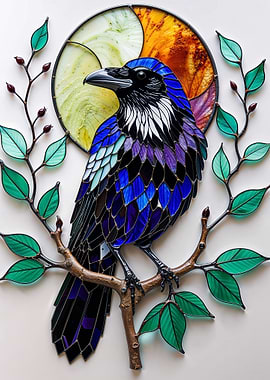Stained Glass Raven on Branch