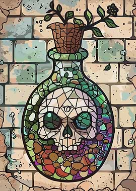 Stained Glass Skull Potion Bottle