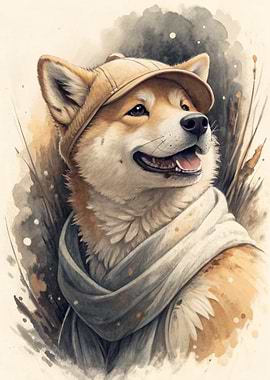 Shiba Inu Dog Wearing a Hat and Scarf