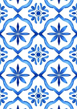 Blue and White Watercolor Floral Tile Pattern