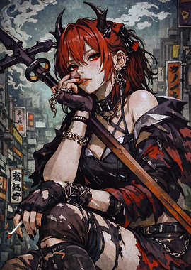 Anime Demon Girl with Sword and Cigarette