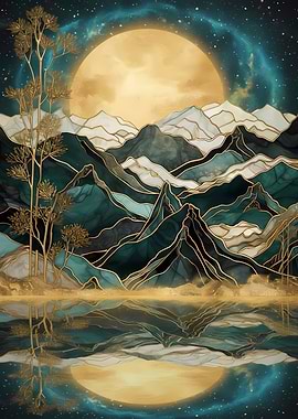 Surreal Mountain Landscape with Moon Reflection