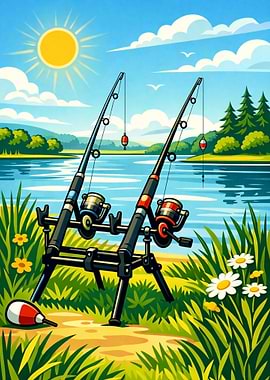 Fishing rods by the lake