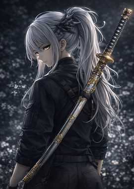 Samurai-inspired portrait with ornate katana