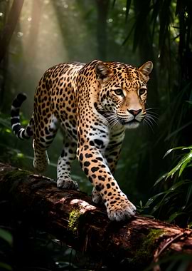 Jaguar walking on a log in the jungle