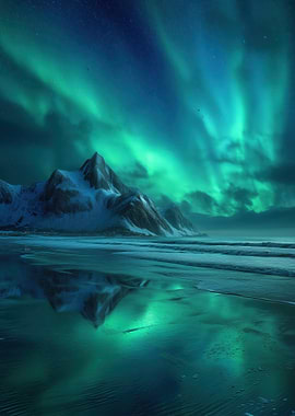 Aurora Borealis over Snowy Mountains