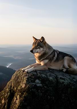 Wolf resting on a rocky outcrop