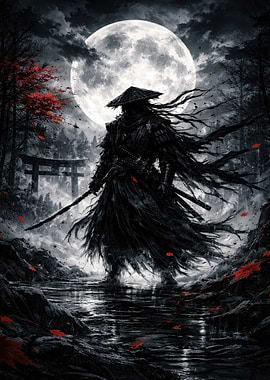Samurai Warrior Under a Full Moon