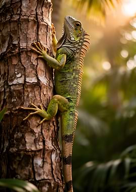 Green Iguana Climbing a Tree