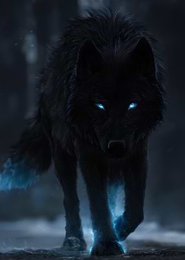Black Wolf with Glowing Blue Eyes