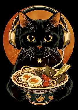 Black Cat with Headphones Eating Ramen