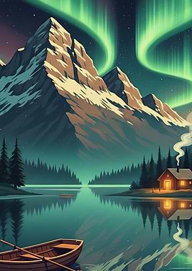 Aurora Borealis over Mountain Lake Cabin