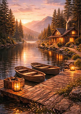 Cozy Cabin by a Serene Lake at Sunset