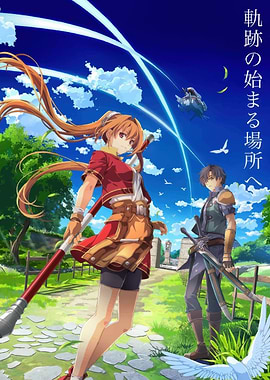 Anime characters in a scenic landscape