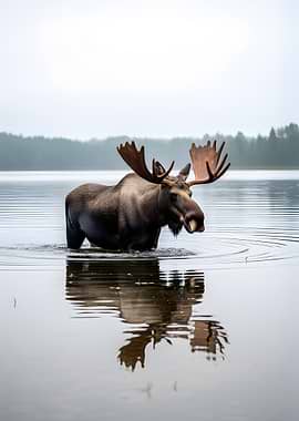 Moose standing in a lake