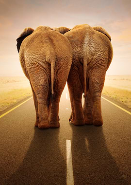 Two elephants on a road