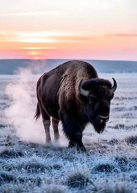 Bison in Frosty Field at Sunrise