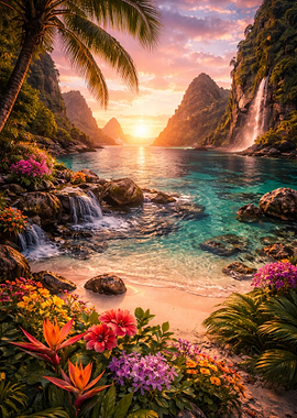 Tropical Paradise Sunset with Waterfalls
