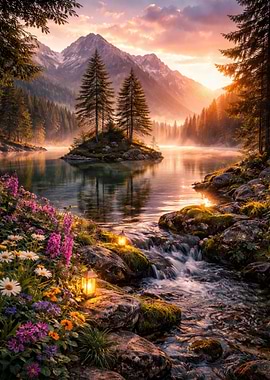 Enchanting Mountain Lake at Sunset