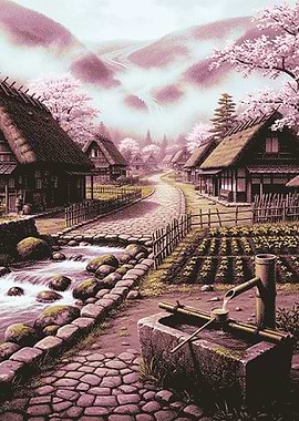Pixel Art Japanese Village in Spring