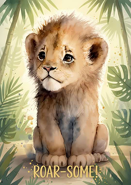 Cute Lion Cub with 'Roar-some!' Text