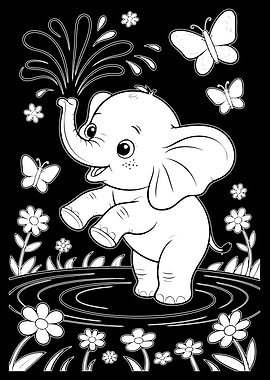 Cute Elephant Spraying Water with Butterflies and Flowers