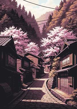 Japanese Village Street with Cherry Blossoms