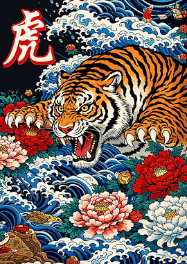 Roaring Tiger with Peonies and Waves