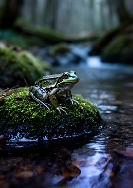 Frog on mossy rock by stream