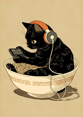 Black Cat Playing Video Games in Ramen Bowl