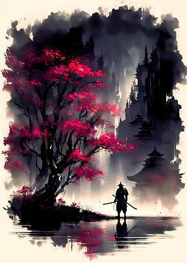 Samurai by Cherry Blossom Tree