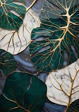 Monstera Leaves with Marble and Gold