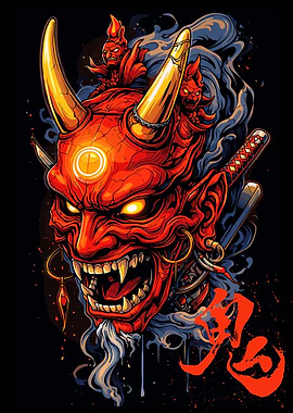 Red Oni Mask with Katana