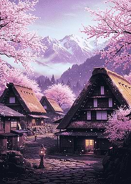 Japanese Village in Cherry Blossom Season