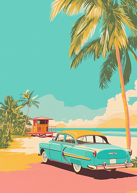 Retro Beach Scene with Classic Car