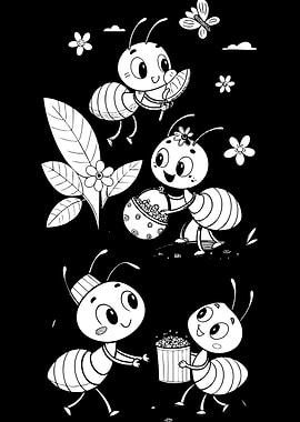 Cute Ants Enjoying Food and Flowers