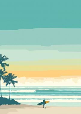 Surfer on a Tropical Beach at Sunset