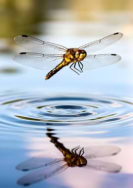 Dragonfly over water reflection
