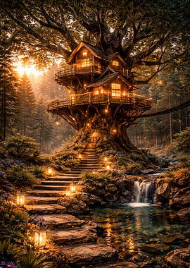 Enchanted Forest Treehouse with Waterfall