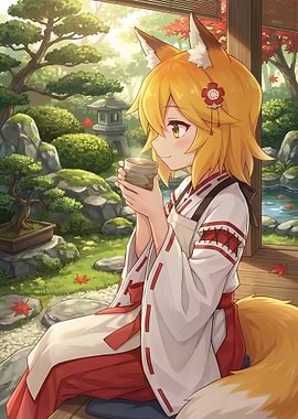 A kitsune girl relaxing with tea in a Japanese garden
