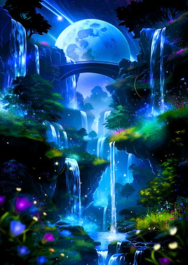 Waterfall Landscape Under a Full Moon