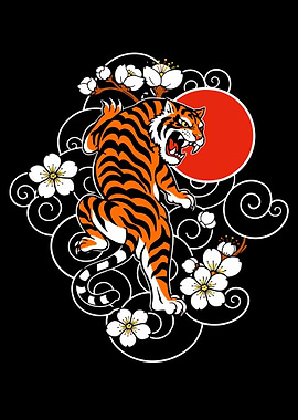 Tiger with Cherry Blossoms and Sun