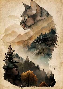 Cat Silhouette Landscape Painting