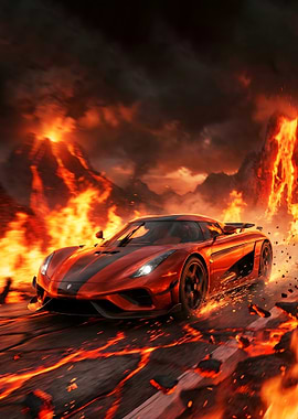 Red Koenigsegg Regera in Lava Landscape