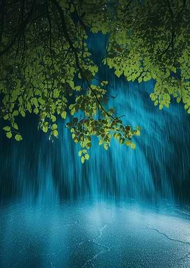 Rainy day with green leaves